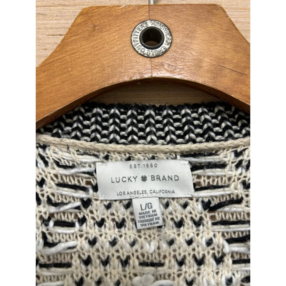 Lucky Brand Womens Large Black White Geometric‎ Chevron Knit Open Front Cardigan